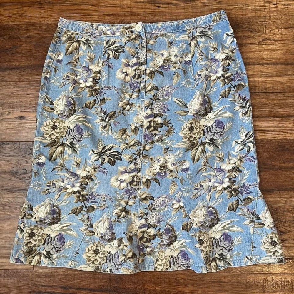 Vintage Floral Denim Skirt Women 14 Blue A Line Ruffle Hem Cottagecore Y2K Boho